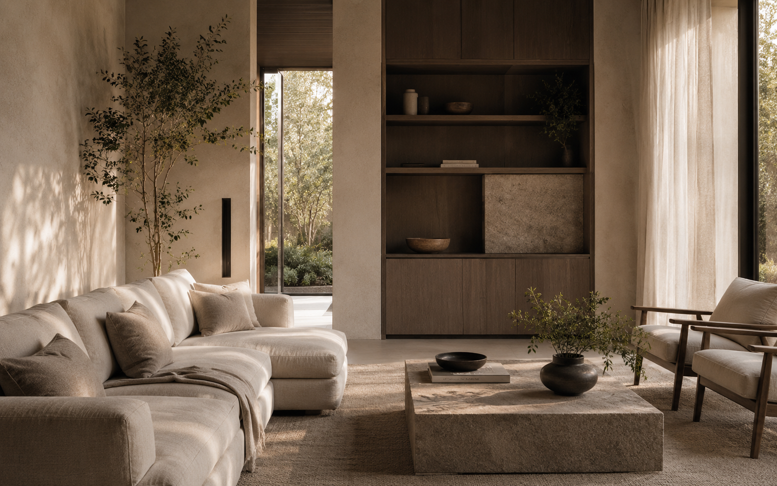 Calm contemporary living room with natural stone, timber joinery, neutral furnishings and garden light.