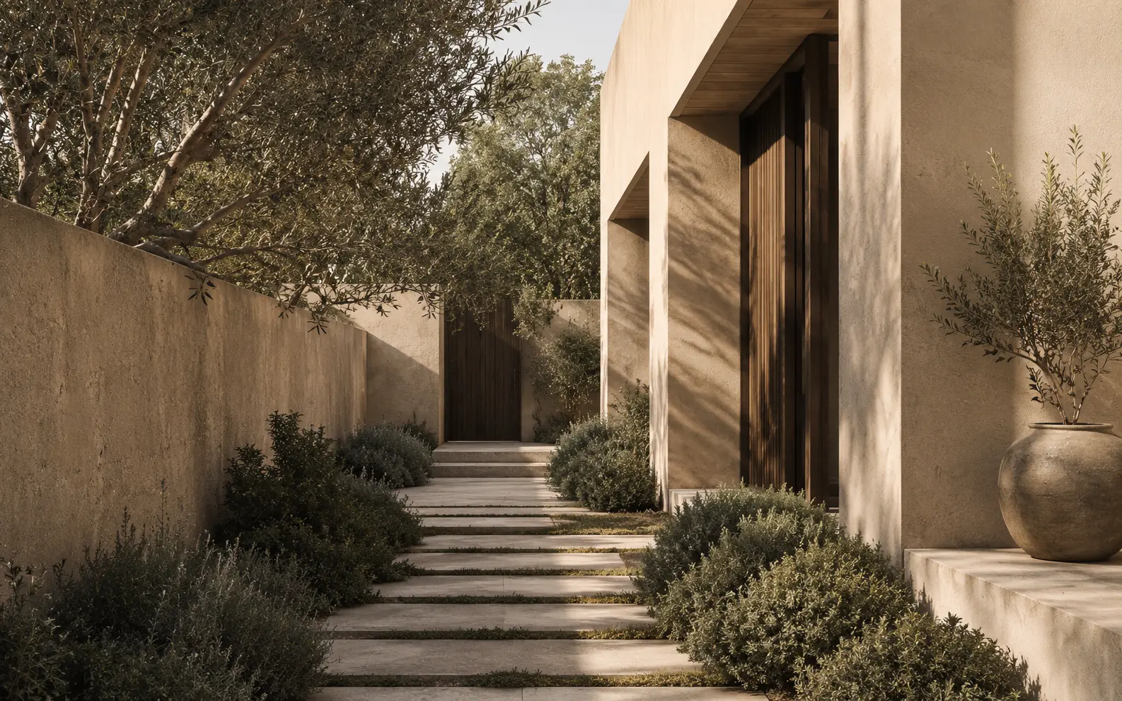 Landscaped stone pathway leading through a quiet contemporary residential courtyard.